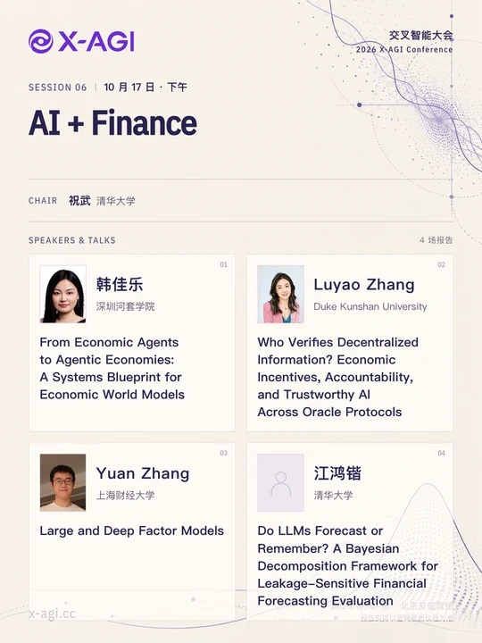 X-AGI 2026,专题 6:AI + Finance。10 月 17 日 · 下午。主持人:祝武(清华大学)。韩佳乐(深圳河套学院):From Economic Agents to Agentic Economies: A Systems Blueprint for Economic World Models。Luyao Zhang(Duke Kunshan University):Who Verifies Decentralized Information? Economic Incentives, Accountability, and Trustworthy AI Across Oracle Protocols。Yuan Zhang(上海财经大学):Large and Deep Factor Models。江鸿锴(清华大学):Do LLMs Forecast or Remember? A Bayesian Decomposition Framework for Leakage-Sensitive Financial Forecasting Evaluation。