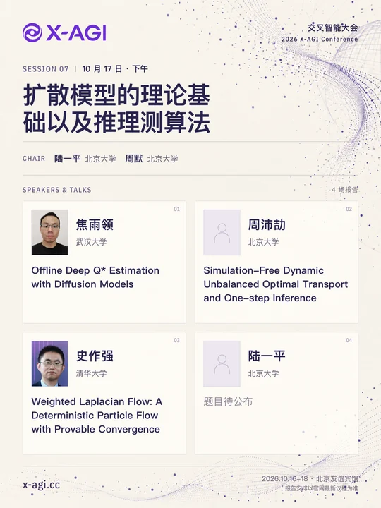 X-AGI 2026,专题 7:扩散模型的理论基础以及推理测算法。10 月 17 日 · 下午。主持人:陆一平(北京大学)、周默(北京大学)。焦雨领(武汉大学):Offline Deep Q* Estimation with Diffusion Models。周沛劼(北京大学):Simulation-Free Dynamic Unbalanced Optimal Transport and One-step Inference。史作强(清华大学):Weighted Laplacian Flow: A Deterministic Particle Flow with Provable Convergence。陆一平(北京大学):题目待公布。