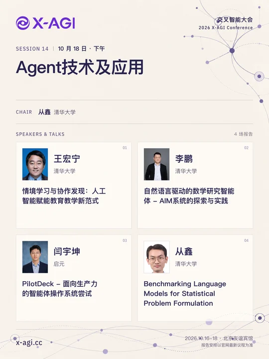 X-AGI 2026,专题 14:Agent技术及应用。10 月 18 日 · 下午。主持人:从鑫(清华大学)。王宏宁(清华大学):情境学习与协作发现:人工智能赋能教育教学新范式。李鹏(清华大学):自然语言驱动的数学研究智能体 - AIM系统的探索与实践。闫宇坤(启元):PilotDeck - 面向生产力的智能体操作系统尝试。从鑫(清华大学):Benchmarking Language Models for Statistical Problem Formulation。