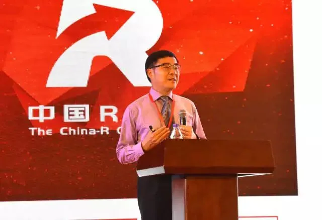 一名演讲者手持话筒站在讲台后，背景屏幕显示中国R会议标志。